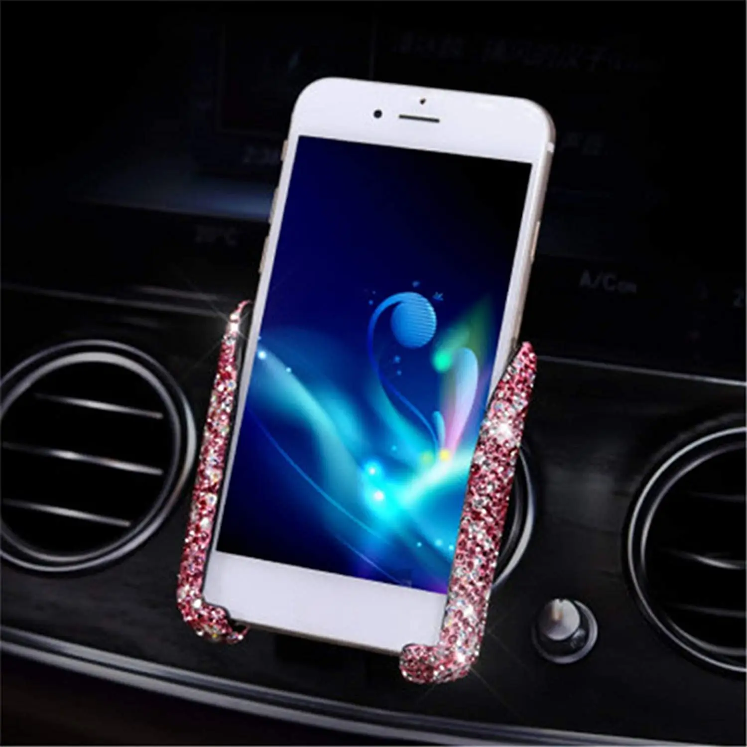 Car Phone Holder with Sparkling Rhinestone Glitter 360° Rotatable Air Vent Clip Universal Mobile Phone Stand for iPhone 12 11