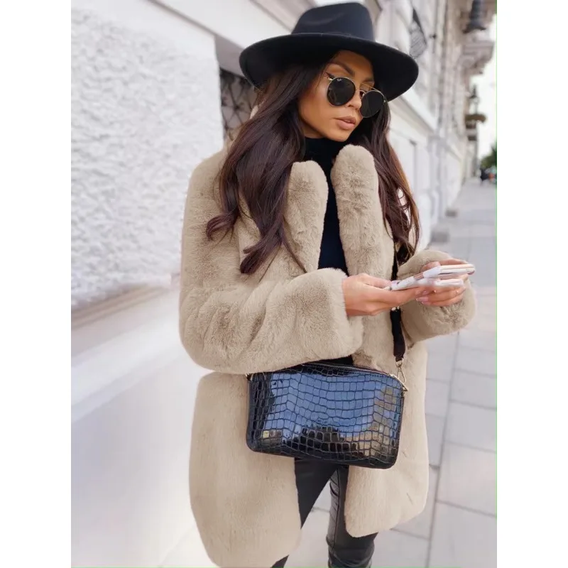 Autumn Winter New Elegant Long Sleeve Faux Fur Jacket Women's Wish European American Style Warm Solid Color Overcoat