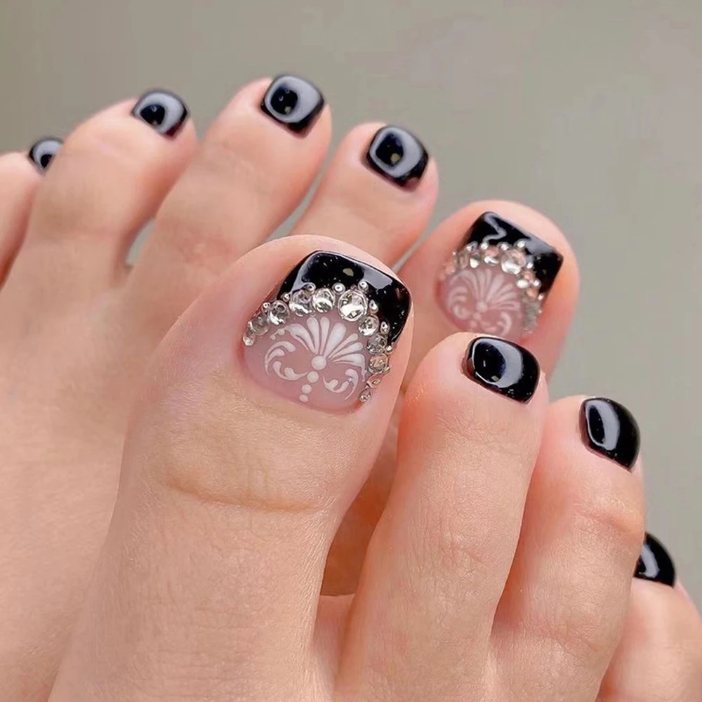 24pcs Fake Toe Nails White Flower Black French Glitter Diamond Summer  Detachable Press On False Toenails Manicure Feet Nail Tips| | - AliExpress