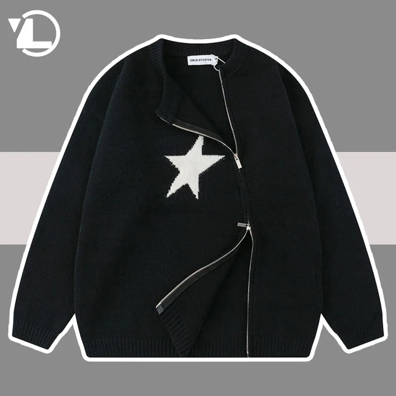 

Винтажные вязаные свитера со звездами, обычный кардиган на молнии для мужчин и женщин, свободные вязаные топы, повседневные Джемперы, осенняя куртка, уличная одежда