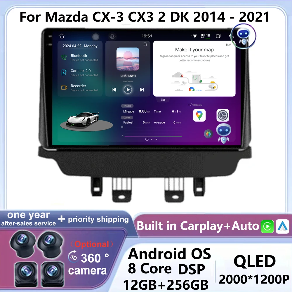 

Car Radio Android 14 Screen For Mazda CX-3 CX3 Mazda 2 DK 2014-2021 Stereo Multimedia Video Player GPS Navigation QLED WIFI BT