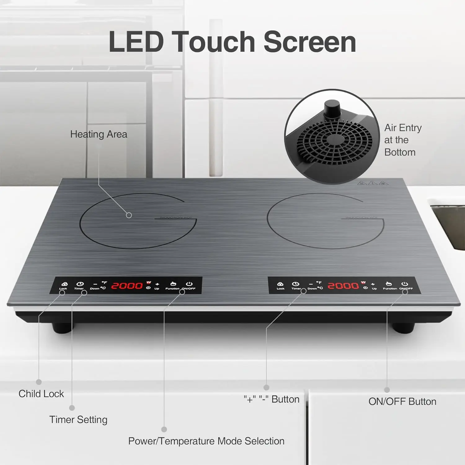 Double Induction Cooktop 24 inch 4000W Electric cooktop hot plate induction stove top LED Touch Screen 9 Levels Settings