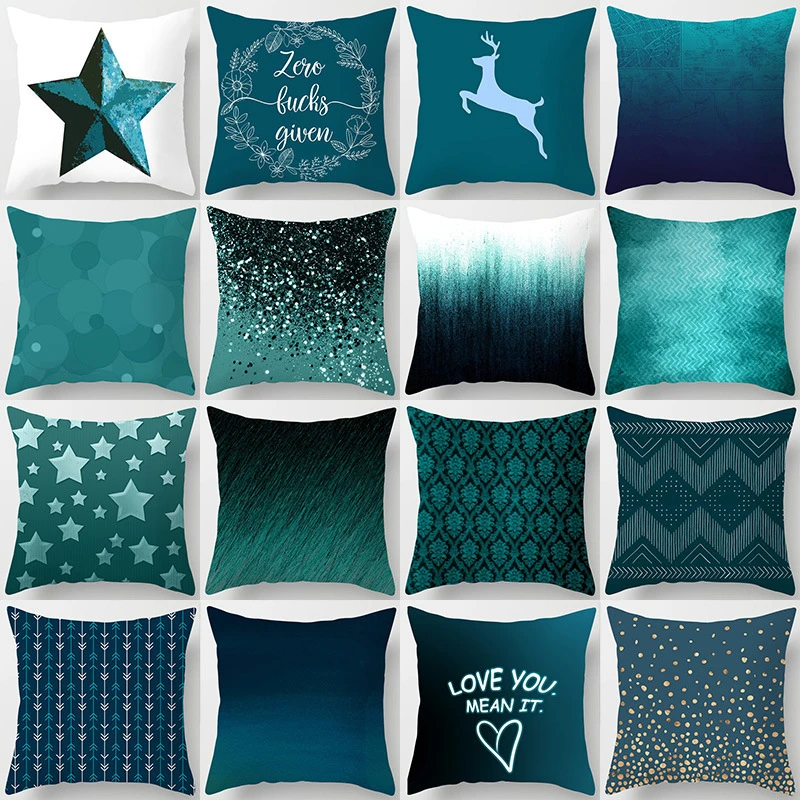 45CM Green Throw Pillow Case Teal Blue Leaf Print Cushion Case Nordic Home Decor Sofa Living Room Polyester Geometric Pillowcase