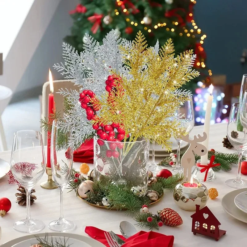 Christmas Glitter Gold Silver Leaves 10/5Pcs Xmas Tree Decoration Pendant Artificial Plants Pine Branches New Year Decoration christmas decorations