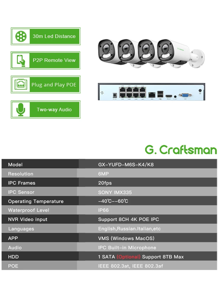 C-X,4CH/8CH 6MP POE 카메라 보안 시스템 키트 (NVR 레코더 포함), 인체 감지, 듀얼 라이트, 24시간 녹화, 감시, YU, G.C