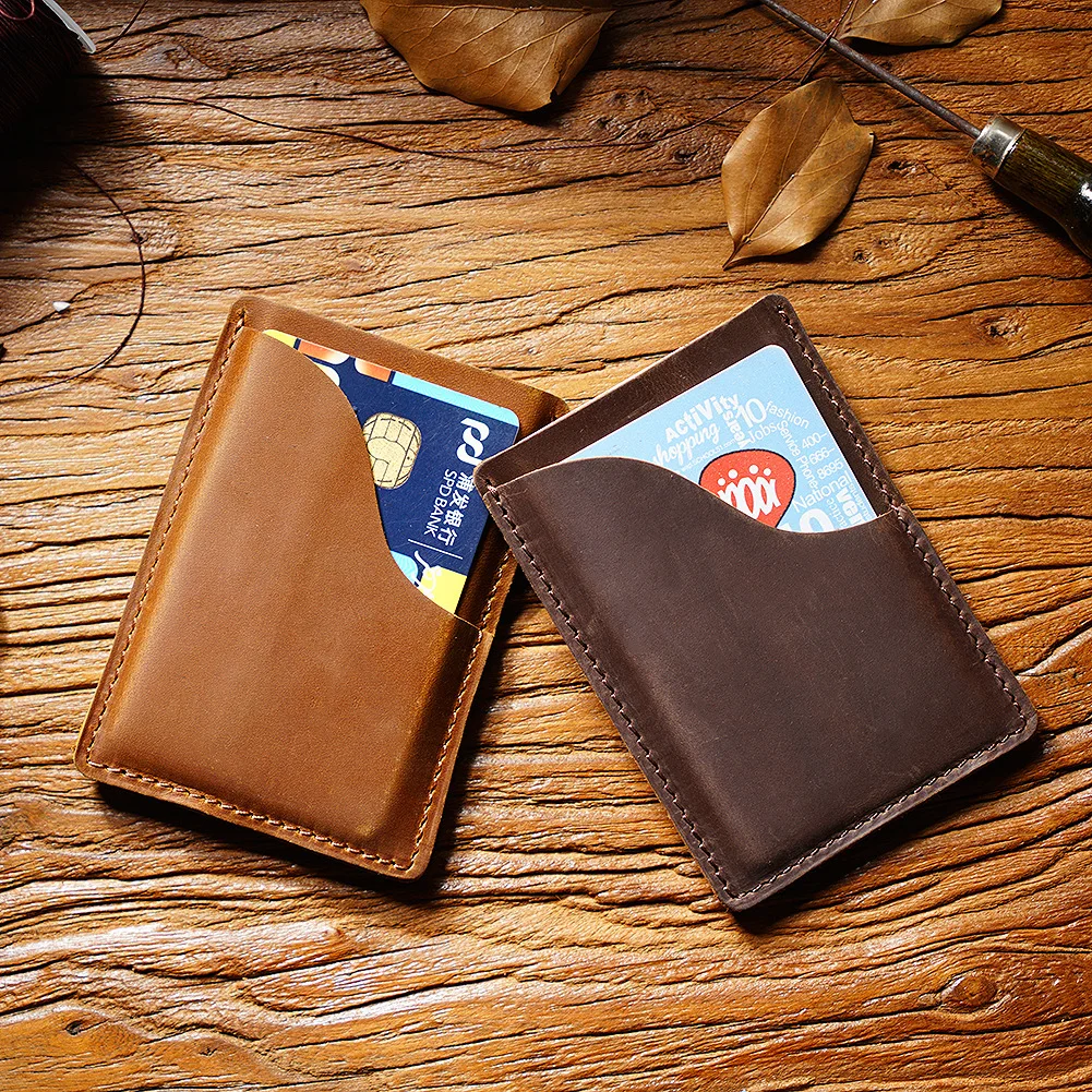 Top-Grain Leather Card Holder-Vintage Crazy Horse Leather Multi-Functional Wallet, Minimalist Coin & Bank Card Organizer Case