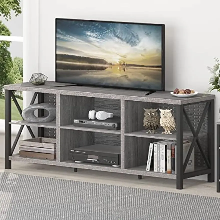 

TV Stand for 75 Inch TV, Long Modern Rustic Wood Entertainment Center, Large Industrial Metal Media Television Stands