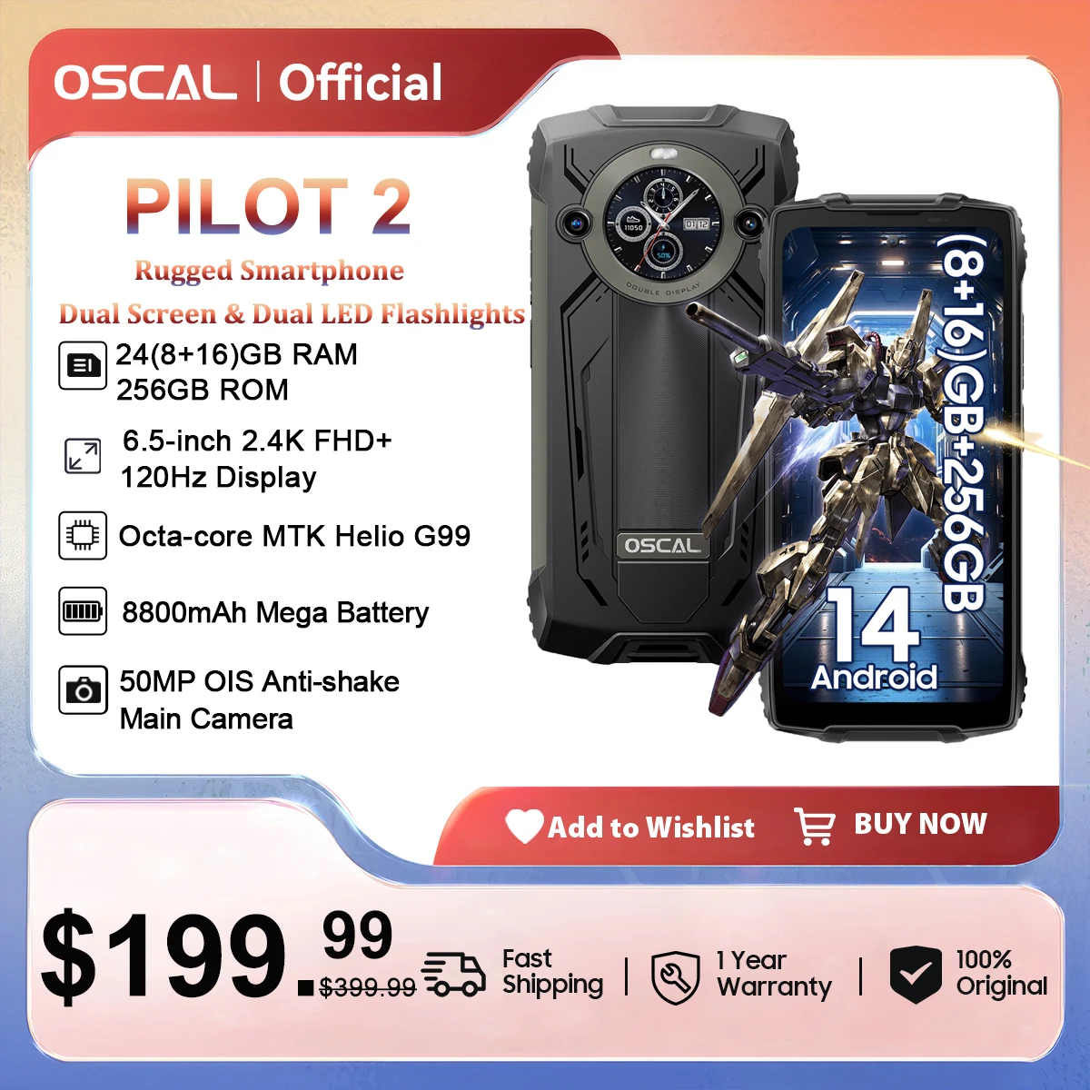 Прочный телефон осциллор 2, экран 6,5 дюйма FHD +, 8800 мАч, 45 Вт, стандартная Android 14, двойные фонарики