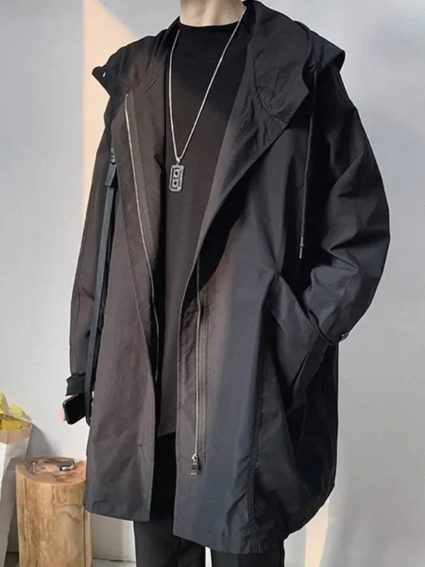 

Windbreaker Men's Mid-length Spring Autumn Trench Coat Hooded Jacket Korean Trend Handsome Preppy Cape Cloak Punk Streetwear