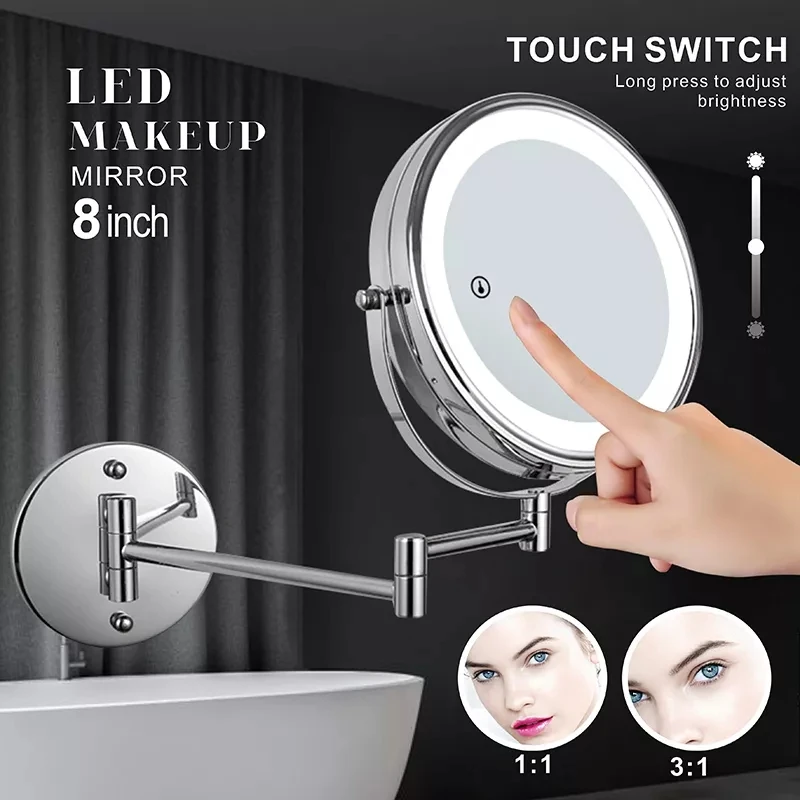 led dobrável maquiagem espelho função de toque chrome led espelhos banheiro dupla face dupla braço estender preto led espelho de maquiagem do banheiro