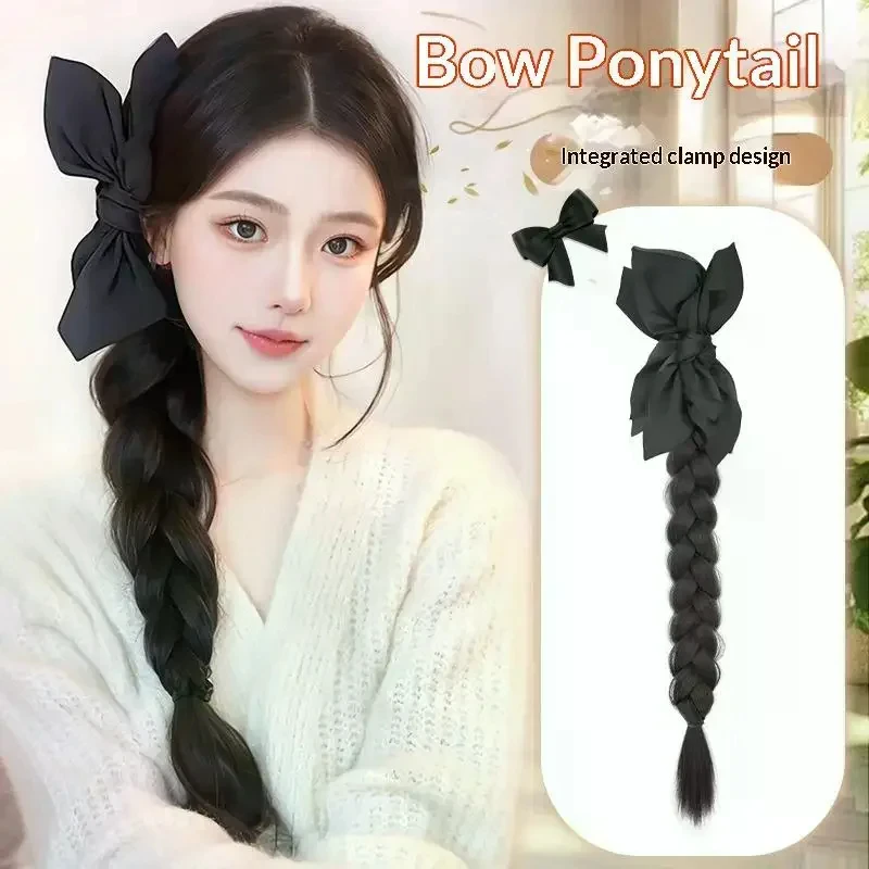 Side-Tie Synthetic Braids Ponytail Hair Extensions With Black Butterfly Knot Clips For Elegant Girls Daily And Party Wear