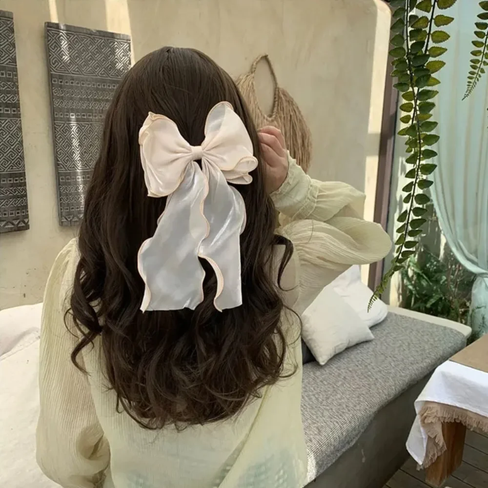 New Women Girls Sweet Blue Shining Satin Bowknot Hair Clip Big Ribbon Bow Barrette Solid Color Scarf Hairpin Grip Ponytail Clip