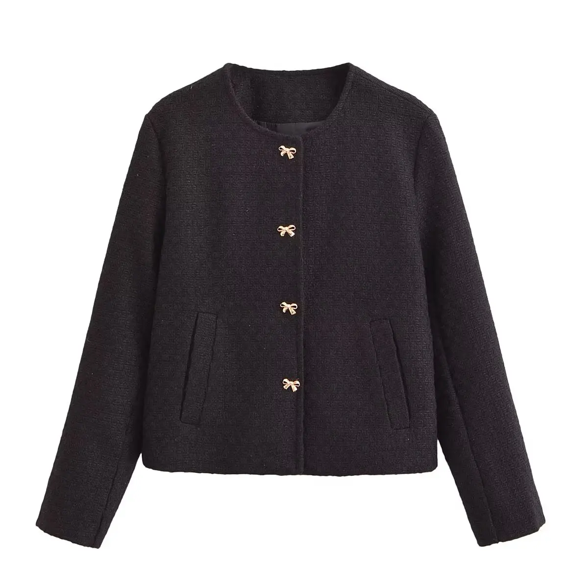 thumbnail image 1 of HH TRAF Chaqueta de otoño para mujer, con cuello redondo, lazo, botones, decoración, color liso, elegante, de manga larga, informal, con bolsillos, 1 of 5