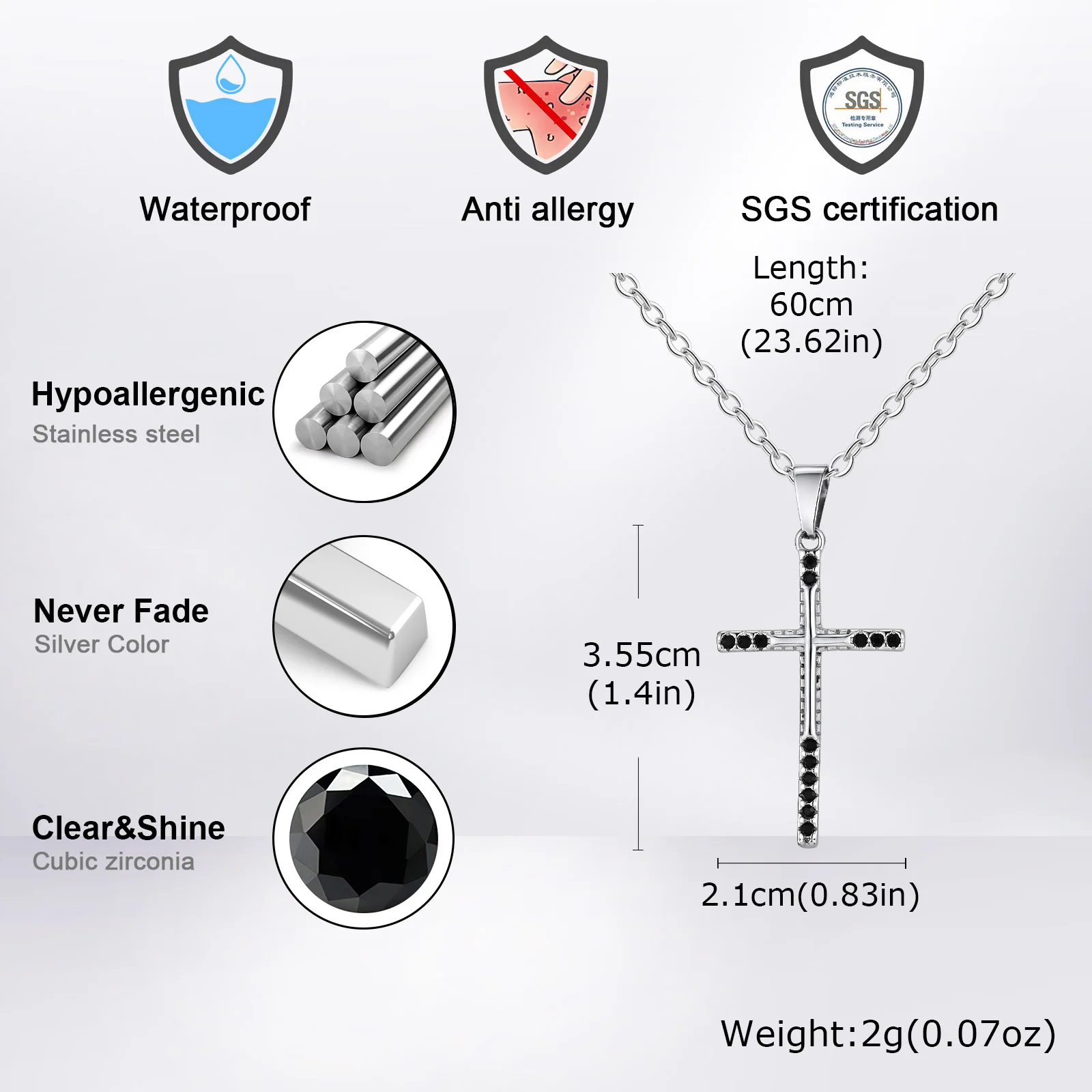 Minimalist Cross Necklace for Men Boys,Stainless Steel Black Crystal Zircon Cross Pendant,Gift for Husband Boyfriend Brother