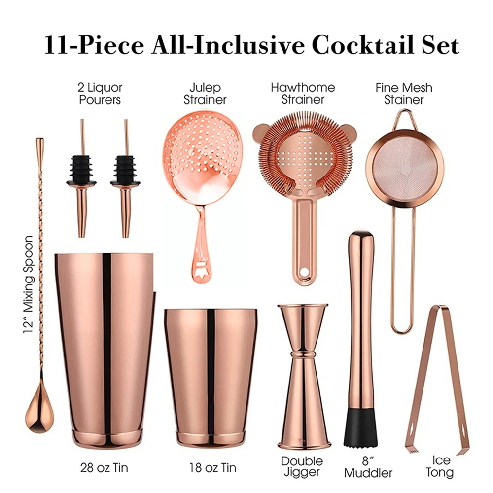 Set cocktail shaker bar: 2 shaker Boston ponderati, set colino da cocktail, jigger, trottomino e cucchiaio, pinza per ghiaccio e versatore da 2 bottiglie - immagine 4