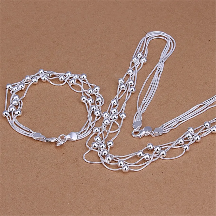 

High quality Popular brands classic five chain beads 925 Sterling Silver Bracelet necklace Jewelry sets for women Fashion Party