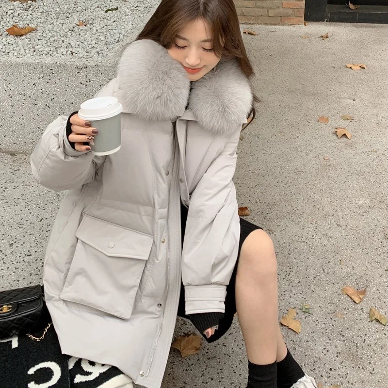 2023 New Women Down Jacket Winter Coat Female Mid Length Version Parkas Loose Thick Warm Outwear Hooded Fur Collar Overcoat