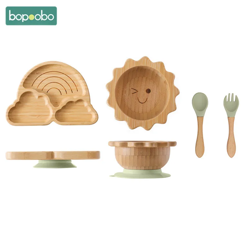 Bopoobo Baby Bowls Plates Spoons Silicone Suction Feeding Food Tableware  BPA Fre