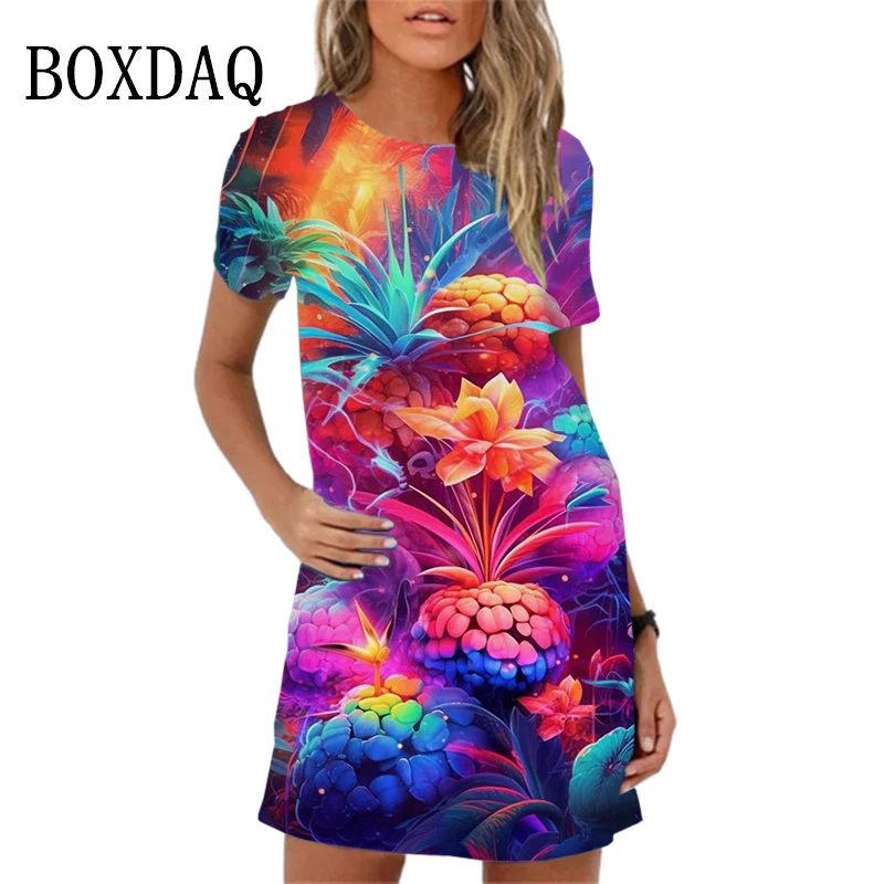 

Fashion Colorful Tie Dye Printing 3D Women Dress Oversize Streetwear Clothing Short Sleeve O-Neck Casual Loose Mini Dress Summer