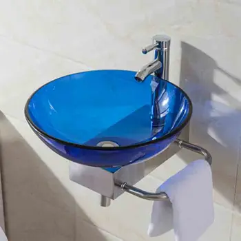 อ่างล้างหน้าติดผนังทรงกลมขนาด 31 ซม. พร้อมชั้นวางอ่างล้างหน้ากระจกนิรภัยอ่างล้างหน้าห้องน้ำอ่างล้างหน้าติดผนังขนาดเล็กพร้อมก๊อกน้ำ 2