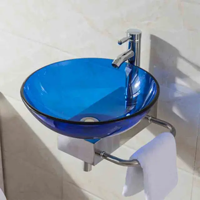 อ่างล้างหน้าติดผนังทรงกลมขนาด 31 ซม. พร้อมชั้นวางอ่างล้างหน้ากระจกนิรภัยอ่างล้างหน้าห้องน้ำอ่างล้างหน้าติดผนังขนาดเล็กพร้อมก๊อกน้ำ 2