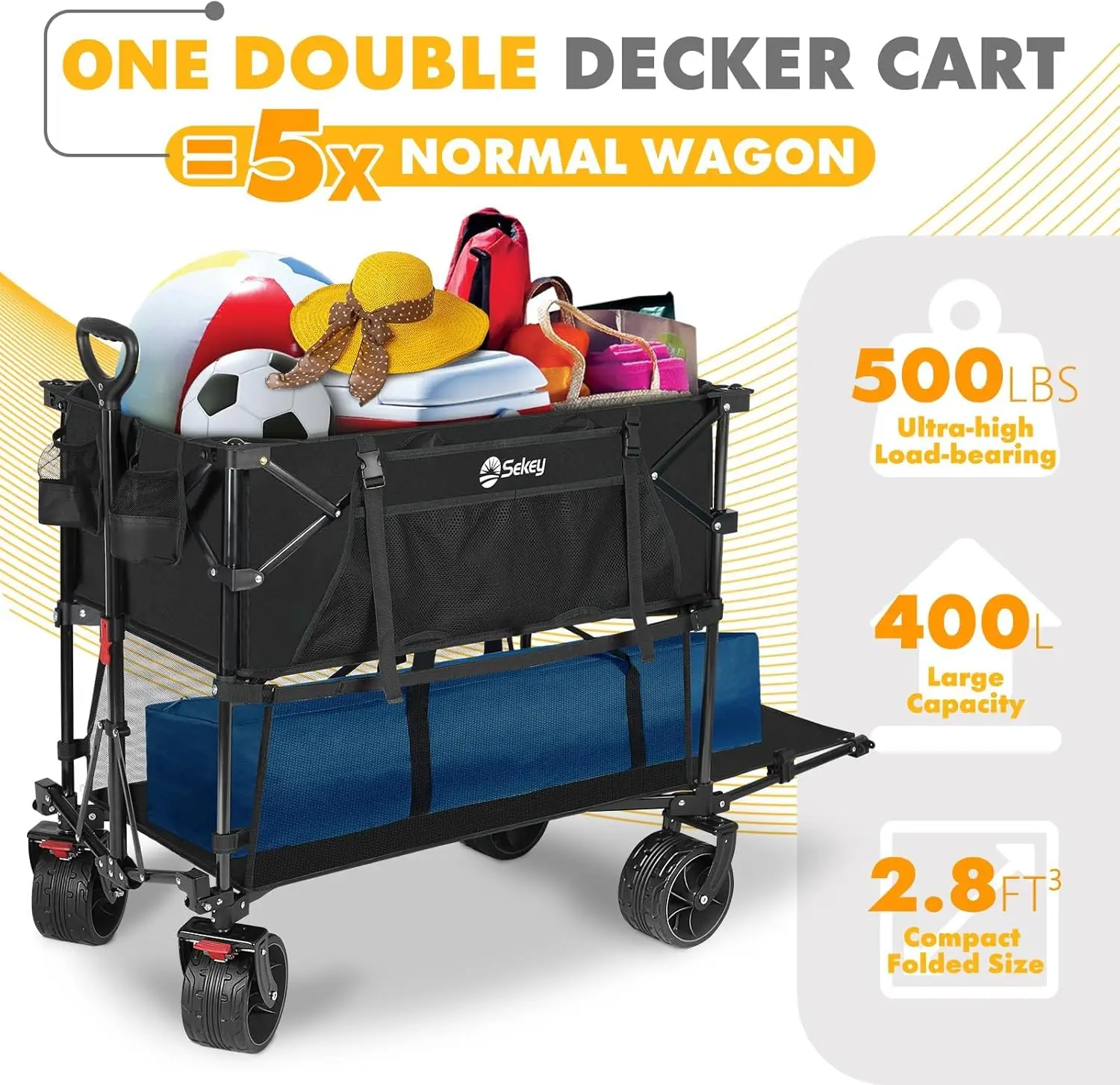 400L Large Capacity Folding Double Decker Wagon with Brakes,54"Extra Long Extender Wagon Cart,450lbs Heavy Duty Collapsible Cart
