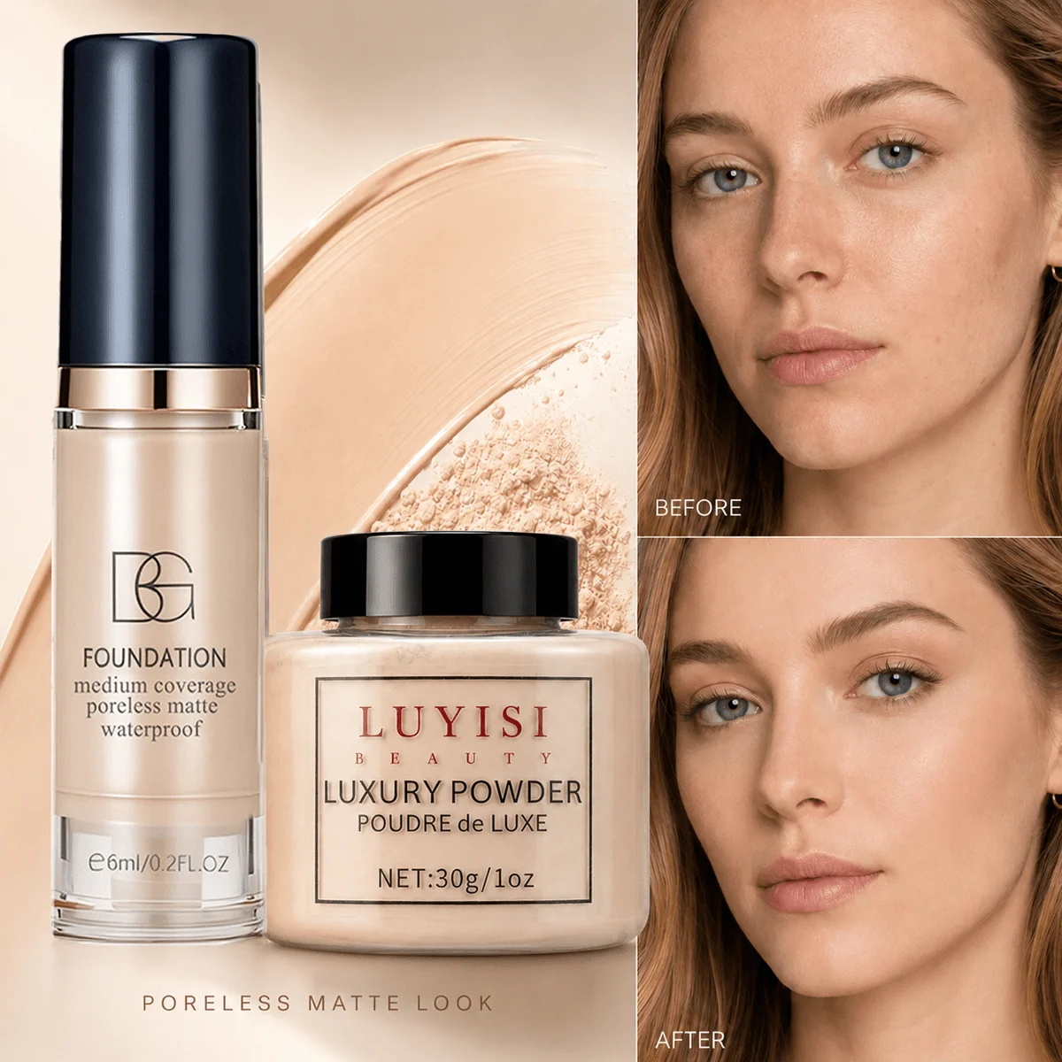Facial Makeup Set:1pc Matte Loose Powder+1pc Waterproof Fundation,High-Coverage,Long-Lasting,Oil Control,Creat Natural Looks. - 2