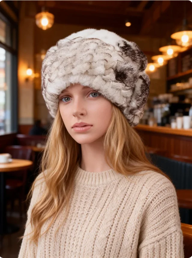 Natürliche Rex-Kaninchenfell-Strickmütze mit individuellem Blumenmuster, warme modische Pelz-Wintermütze für Damen, Herbst-Accessoire – Detail 1