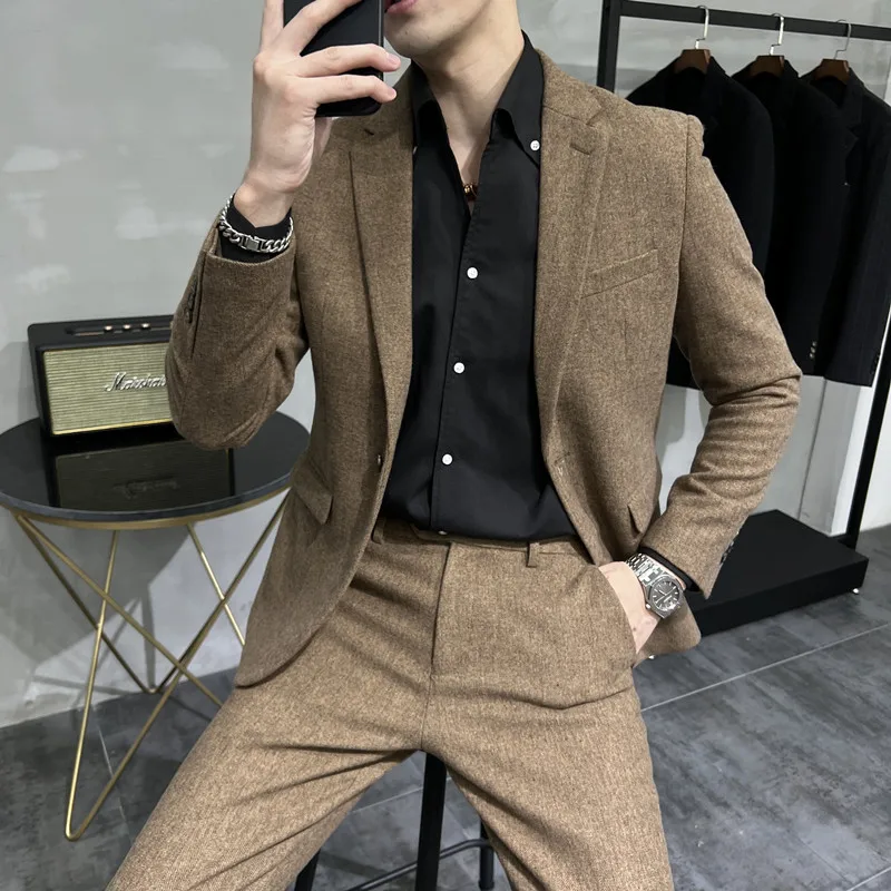 

2023 Blazer (Blazer+ Pants) Fashion Gentleman Business Italian Style Solid Color Wool Thick Tweed Thickened Slim Men's 2 Piece