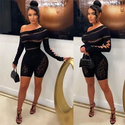 Long Sleeve Jumpsuit Shorts for Women Sexy See Through Mesh Bodycon Rompers Shorts One Piece Bodysuit Overall Gift