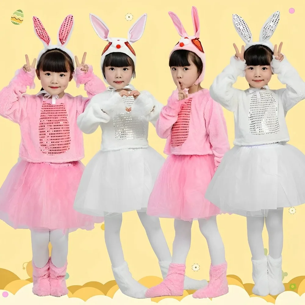 

Children's Day Kids Bunny Cosplay Outfit Animal Outfit White Rabbit Dancing Costume Kindergarten Stage Dancing Dress