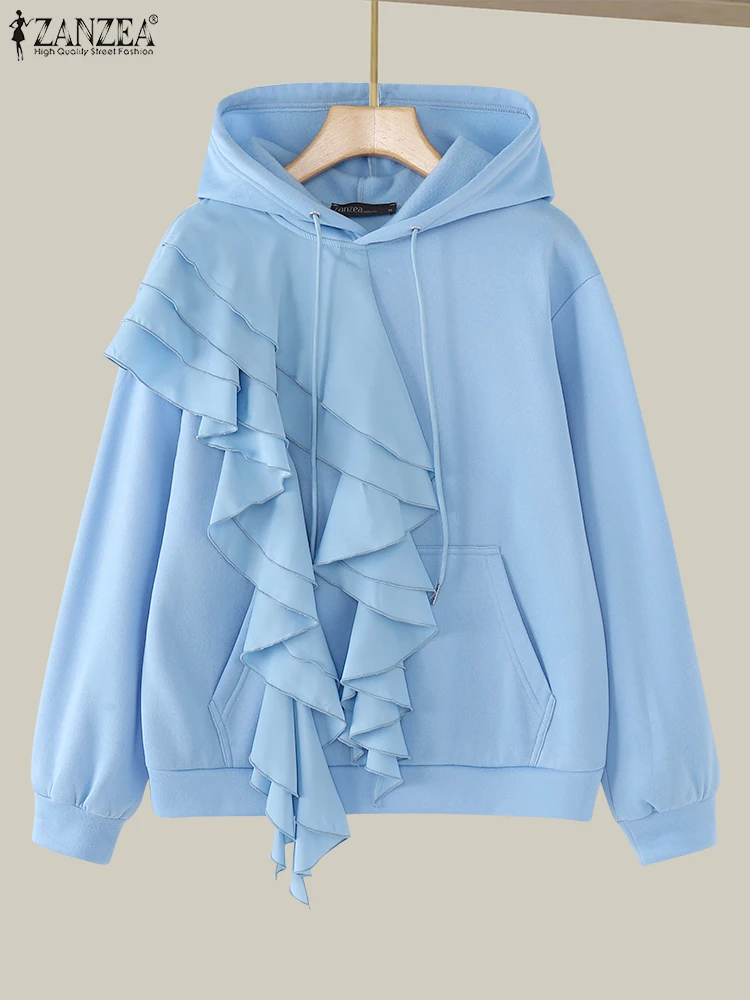 ZANZEA Simple Hooded Collar Jumper Women Ruffled Edge Sweatshirts 2024 Autumn Solid Pullovers Korean Style Long Sleeve Hoodies 4