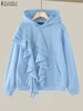 ZANZEA Simple Hooded Collar Jumper Women Ruffled Edge Sweatshirts 2024 Autumn Solid Pullovers Korean Style Long Sleeve Hoodies 4
