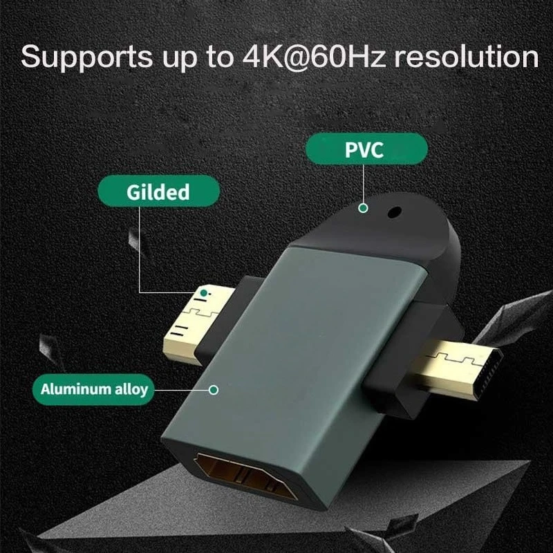 4K 60Hz 알루미늄 합금 HD 어댑터 2 in 1 휴대용 마이크로 미니 HDMI 변환기 (노트북, 카메라, 프로젝터, 휴대폰, HDTV용)
