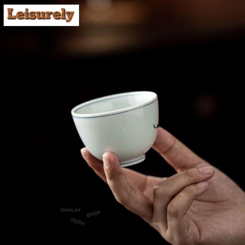 3pc Hand-painted Double Line Straight Mouth Teacup Zen Tea Bowl Cute Cup Tea-tasting Personal Cup Chazhan Master Cups Cha Craft
