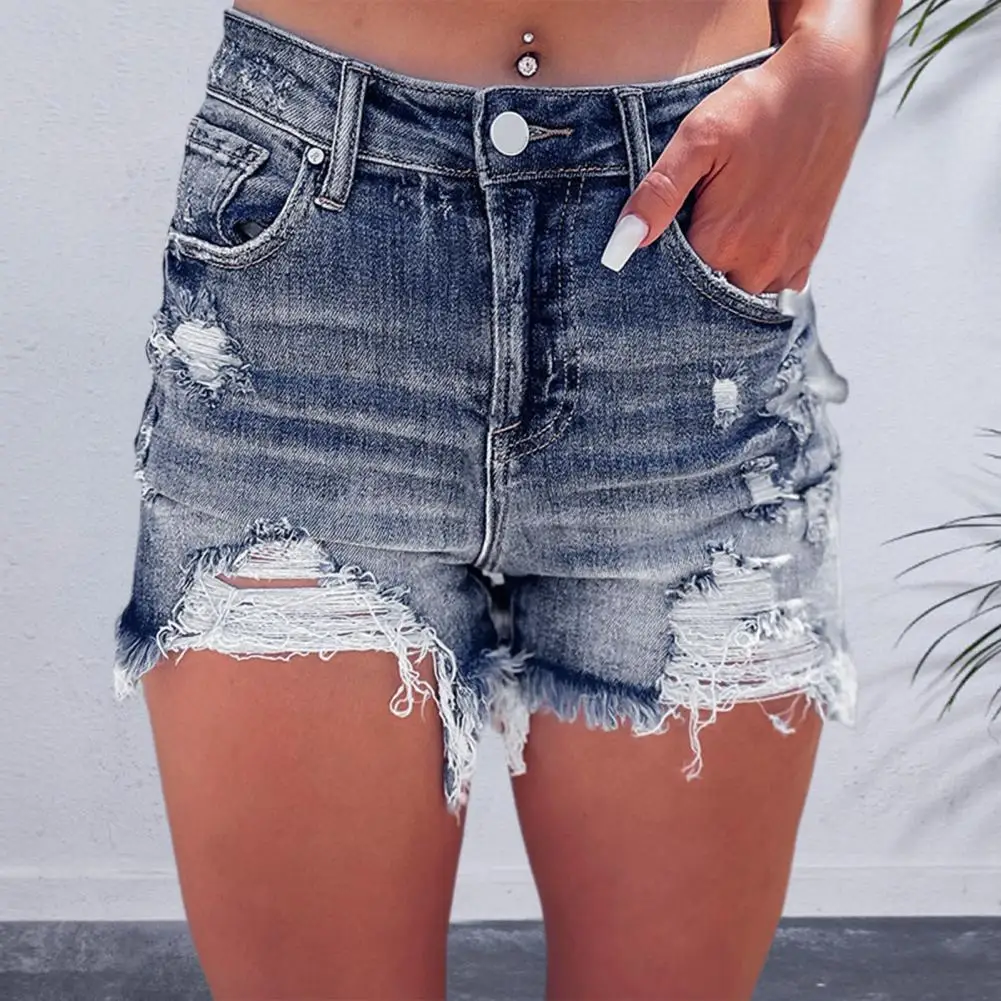 

Denim Pants Stylish Women's Denim Shorts with Ripped Holes High Waist Slim Fit Trendy Button Zipper Closure Stretchy for Hot