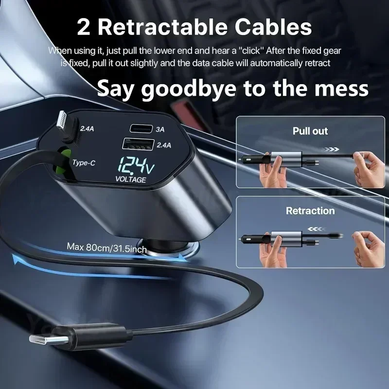 x Caricabatterie Da Auto 3in1 Retrattile Microusb Type-C Iphone Linq Sc