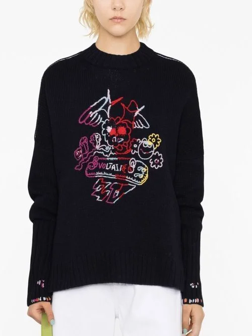 New Wool Embroidery Sweater Woman Long Sleeve Knitted Sweaters Jumper Ladies Autumn Winter Elegant Vintage Pullover 2023