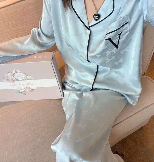 Women's Spring Summer Two-Piece Suit Pajamas Ice Silk Satin Thin