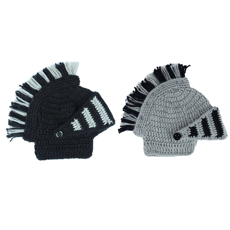 

Men Women Funny Chunky Knitted Roman Knight Helmet Hat Contrast Color Tassel Barbarian Crochet Earflap Beanie Skull Cap Dropship