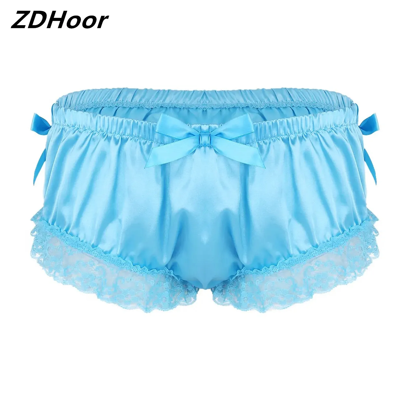 

Mens Sissy Shiny Soft Satin Lingerie Briefs Panties Ruffled Floral Lace Cute Bowknot Knickers Underwear Gay Erotic Underpants