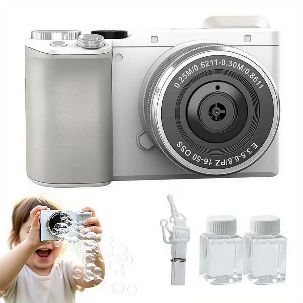 Kids' DSLR-Style Automatic Bubble Maker with Lights & Music, Leak-Proof Design, Bubble Solutions & Strap Included