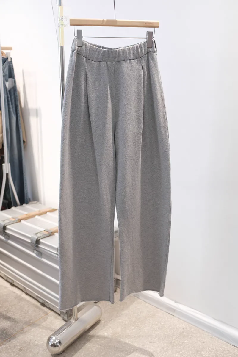 Autumn Gray Wide Leg Pants Women Casual Elastic Waist Loose Versatile Fringed Sweatpants Fashion Pockets Pleated Trousers A151