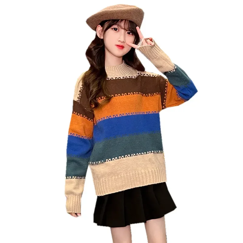 

Свитер для девочек, пуловер в стиле ретро на весну и осень, вязаный свитер, Детские повседневные свободные топы, модная цветная одежда в стиле пэчворк для подростков