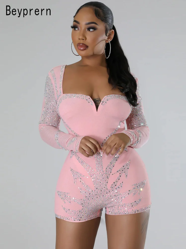

Beyprern Glam Long Sleeve Rhinestone Lined Short Jumpsuits Fitted Playsuits Crystal Rompers Overalls Birthday Outfits Clubwear