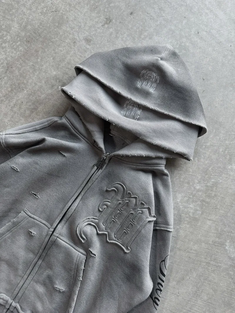 High street retro perforated embroidery American style logo Casual couple set street Harajuku punk loose hooded sweatshirt 6