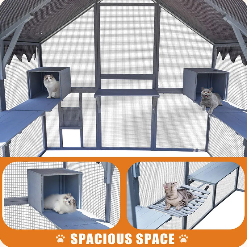Outdoor Cat House Cat Enclosures 110" Large Kitten Playpen Platforms Upgrade Waterproof Cover Grew White