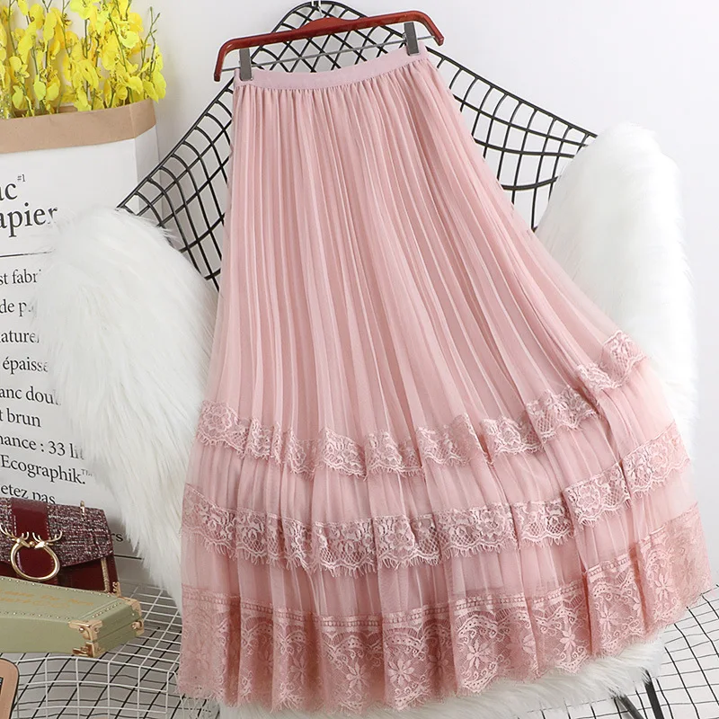 

Fashion High Waist Tulle Midi Skirts Woman Lining Mesh Lace Patchwork Kawaii Harajuku Dance Bridesmaids Skirt Women