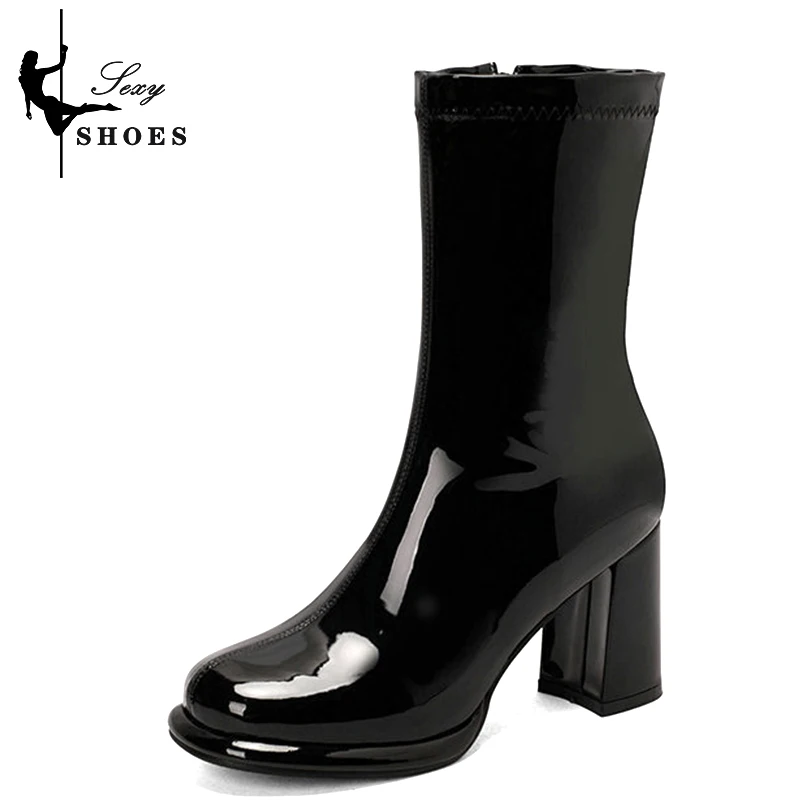 Women Ankle Boots Square High Heel Short Patent PU Leather Round Toe Red Shoes Side Zipper Spring Autumn Sexy Classic  Boots