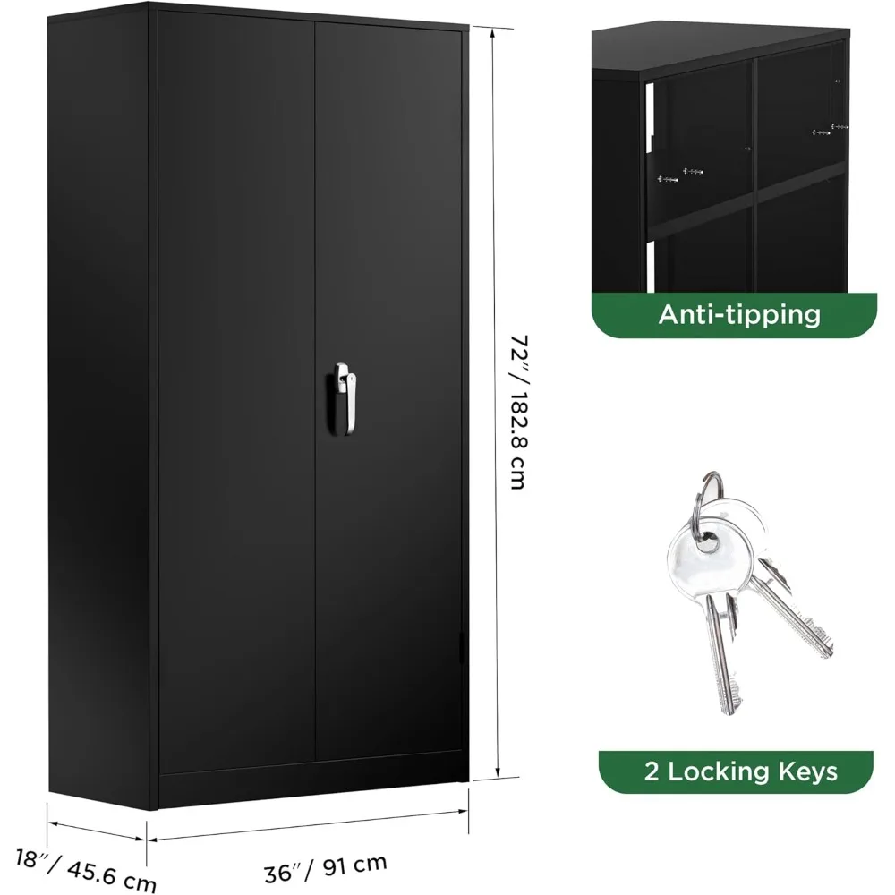 72" h metal storage cabinet, 36" w x 18" d black locking metal garage storage cabinet with doors and 4 adjustable shelves, lock